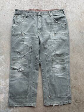 Vtg Dickies Double Knee Pants Men's 38x25 Canvas Olive Green Loose Fit